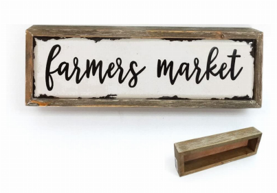 Vintage Farmers Market Wood Block Sign- Farmhouse Rustic Tabletop Decor- Weathered Wood Frame Enamel Finish- 12.2" W x 2" D x 3.8" H