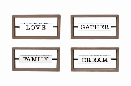 Rotating Wood Tabletop Sign- Love Gather Family Dream 4-Sided Wooden Sign- Mini Freestanding Inspirational Home Decor- 9.875" W x 1.5" D x 5" H