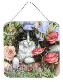 Black and White Cat in Poppies Wall or Door Hanging Prints