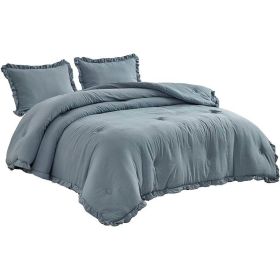 Full Size Blue Stone Washed Ruffled Edge Microfiber 3-Piece Comforter Set