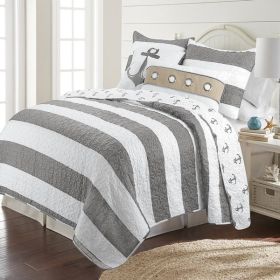 Full/Queen 3 Piece Nautical Striped Anchors Reversible Microfiber Quilt Set Grey