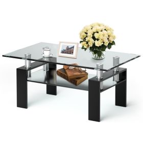 Modern 2 Tier Glass Coffee Table with Black Metal Legs