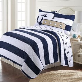 King 3 Piece Nautical Striped Anchors Reversible Microfiber Quilt Set Navy