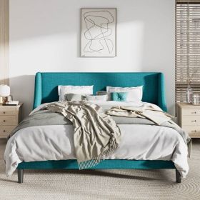 King Size Upholstered Linen Blend Headboard Wingback Platform Bed in Turquoise