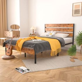 Queen Industrial Platform Bed Frame with Brown Wood Slatted Headboard Footboard