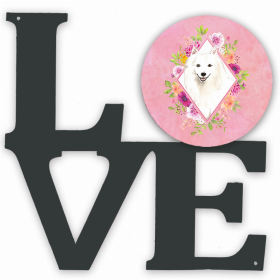 Dog Breed Flowers Design Metal Wall Artwork LOVE (Color: Pink, size: 12 x 12)